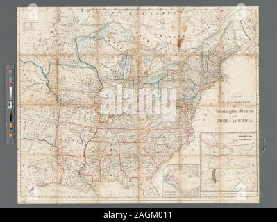Relief shown by hachures. Prime meridian: Ferro. Shows U.S. east of Rocky Mountains. Includes inset of Central America and of the western United States indicating the gold region in California. Insets: Oregon, Utah und Californien -- Freistaaten von Mit America. Mapping the Nation (NEH grant, 2015-2018); Neueste Post-u. Eisenbahn Karte der Vereinigten Staaten von Nord-America Stock Photo