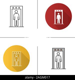 Metal detector portal icon. Airport security scanner with person inside. Flat design, linear and color styles. Isolated vector illustrations Stock Vector