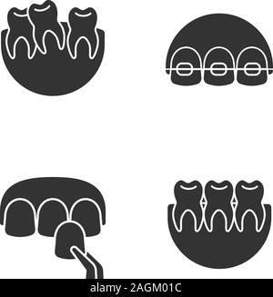 Dentistry glyph icons set. Stomatology. Crooked and healthy teeth, dental braces, veneer. Silhouette symbols. Vector isolated illustration Stock Vector