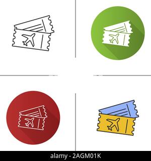 Airplane tickets icon. Airline boarding pass documents. Flat design, linear and color styles. Isolated vector illustrations Stock Vector