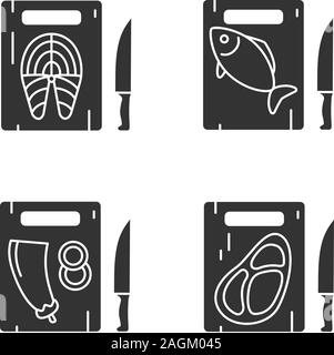 Food cutting glyph icons set. Cutting boards with salmon fish, eggplant, meat steak. Silhouette symbols. Vector isolated illustration Stock Vector