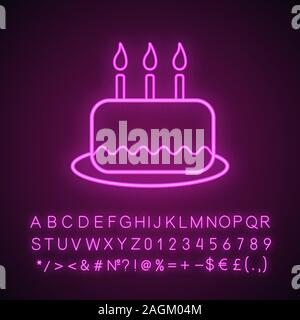 Birthday cake neon light icon. Glowing sign with alphabet, numbers and symbols. Vector isolated illustration Stock Vector