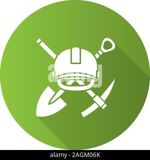 Crossed shovel and pickaxe with hard hat flat linear long shadow icon. Mining emblem. Vector outline symbol Stock Vector