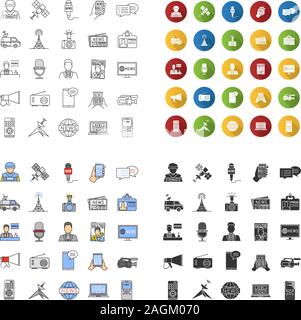 Mass media icons set. Press. Television, radio broadcasting. Linear, flat design, color and glyph styles. isolated vector illustrations Stock Vector