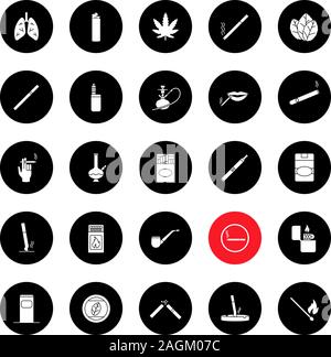 Smoking glyph icons set. Cigarettes, smoking devices, cannabis culture. Vector white silhouettes illustrations in black circles Stock Vector