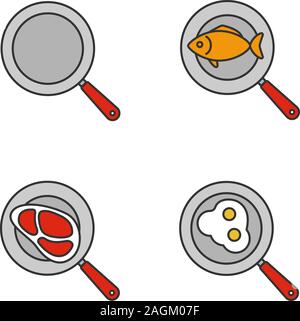 Frying pans color icons set. Fried fish, eggs and meat steak. Isolated vector illustrations Stock Vector