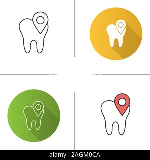 Dental clinic location icon. Tooth with map pinpoint. Flat design, linear and color styles. Isolated vector illustrations Stock Vector
