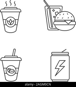 Drinks linear icons set. Takeaway coffee and tea, energy drink, soda with burger. Thin line contour symbols. Isolated vector outline illustrations Stock Vector