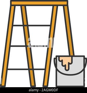 Scaffolding ladder with paint bucket color icon. Painting, dyeing. Isolated vector illustration Stock Vector