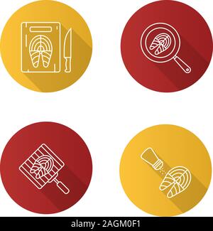 Fish preparation flat linear long shadow icons set. Cutting, frying, grilling, salting fish steaks. Vector outline illustration Stock Vector