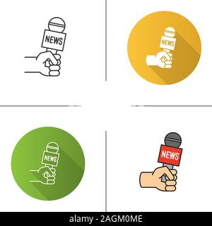 Journalist holding microphone icon. Interviewing. Television reporting. Flat design, linear and color styles. Isolated vector illustrations Stock Vector