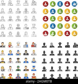 Professions icons set. Occupations. Workers. Linear, flat design, color and glyph styles. isolated vector illustrations Stock Vector