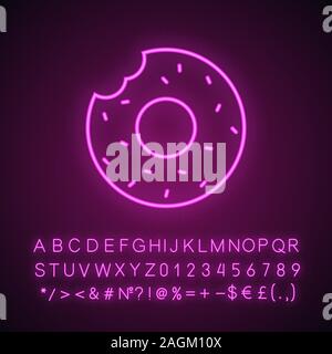 Bitten donut neon light icon. Bagel. Glowing sign with alphabet, numbers and symbols. Vector isolated illustration Stock Vector