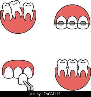 Dentistry color icons set. Stomatology. Crooked and healthy teeth, dental braces, veneer. Isolated vector illustrations Stock Vector