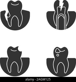 Dentistry glyph icons set. Stomatology. Gum bleeding, toothache, broken tooth, caries. Silhouette symbols. Vector isolated illustration Stock Vector