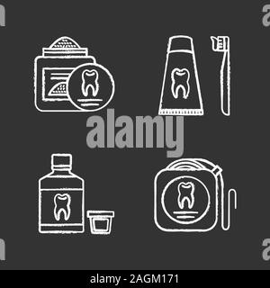 Dentistry chalk icons set. Stomatology. Tooth powder, dental floss, mouthwash, toothpaste and toothbrush. Isolated vector chalkboard illustrations Stock Vector