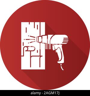 Hot air gun heating surface flat linear long shadow icon. Paint removing. Vector outline symbol Stock Vector