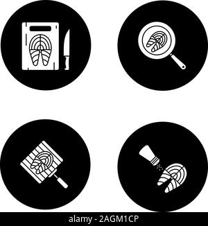 Fish preparation glyph icons set. Cutting, frying, grilling, salting fish steaks. Vector white silhouettes illustrations in black circles Stock Vector
