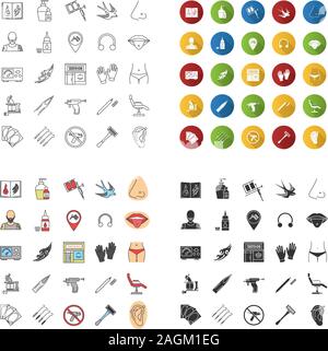 Tattoo studio icons set. Piercing service. Tattoo sketches, instruments and equipment. Linear, flat design, color and glyph styles. isolated vector il Stock Vector