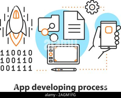 App development process concept icon. Product creation, testing and launching idea thin line illustration. Vector isolated outline drawing Stock Vector