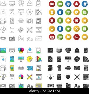 Printing icons set. Polygraphy and typography. Posters, flyers, brochures, booklets templates. Linear, flat design, color and glyph styles. isolated v Stock Vector