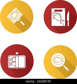 Fish preparation flat design long shadow glyph icons set. Canned, fried, cutted and grilled fish. Vector silhouette illustration Stock Vector