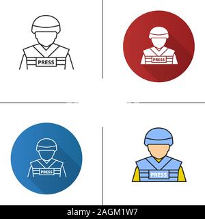 War correspondent icon. Military journalist. Flat design, linear and color styles. Isolated vector illustrations Stock Vector