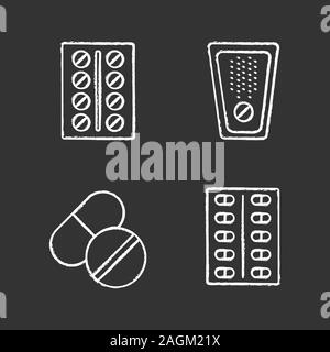 Pills chalk icons set. Medications. Isolated vector chalkboard illustrations Stock Vector