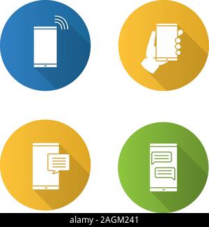 Phone communication flat design long shadow glyph icons set. Chatting, sms, smartphone in hand, calling phone. Vector silhouette illustration Stock Vector