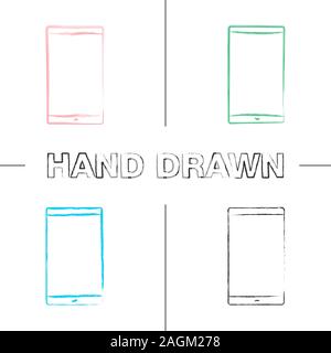 Smartphone hand drawn icons set. Mobile phone. Color brush stroke. Isolated vector sketchy illustrations Stock Vector