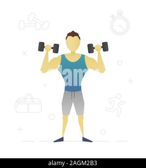 Person with dumbbells flat character design. Sportsman, bodybuilder. Vector isolated illustration Stock Vector