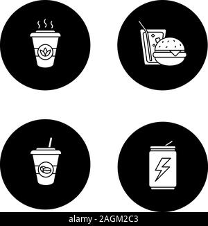 Foods glyph icons set. Takeaway coffee and tea, energy drink, soda with burger. Vector white silhouettes illustrations in black circles Stock Vector