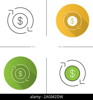 Dollar currency exchange icon. Refund. Circle arrow with dollar sign inside. Flat design, linear and color styles. Isolated vector illustrations Stock Vector