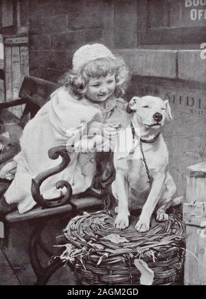 little girl gives the domestic dog a biscuit, original print from the year 1899, kleines Mädchen gibt dem Haushund einen Keks, Reproduktion einer Originalvorlage aus dem 19. Jahrhundert, digital verbessert Stock Photo