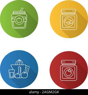 Homemade preserves flat linear long shadow icons set. Apple jam, ketchup, canned mushrooms, juice. Vector outline illustration Stock Vector