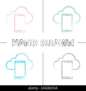 Smartphone cloud storage hand drawn icons set. Mobile cloud computing. Color brush stroke. Isolated vector sketchy illustrations Stock Vector