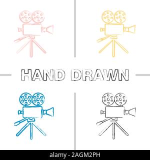 Movie camera hand drawn icons set. Cine camera. Color brush stroke. Isolated vector sketchy illustrations Stock Vector