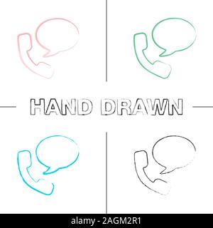 Handset with speech bubble hand drawn icons set. Hotline. Telephone support. Voice message. Color brush stroke. Isolated vector sketchy illustrations Stock Vector