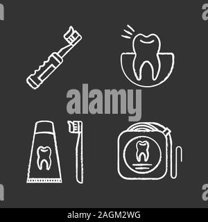 Dentistry chalk icons set. Stomatology. Toothache, electric toothbrush with toothpaste, dentifrice, dental floss. Isolated vector chalkboard illustrat Stock Vector