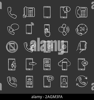 Phone communication chalk icons set. Smartphone calls, messages, hotline, mobile cloud computing. Isolated vector chalkboard illustrations Stock Vector