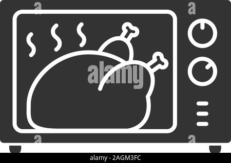 Whole chicken grilling in microwave oven glyph icon. Thanksgiving turkey. Silhouette symbol. Negative space. Vector isolated illustration Stock Vector