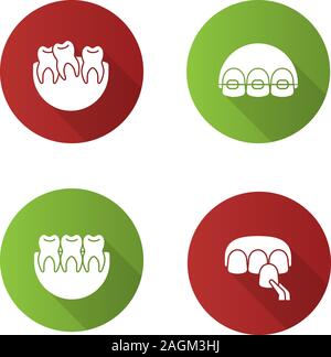 Dentistry flat design long shadow glyph icons set. Stomatology. Crooked and healthy teeth, dental braces, veneer. Vector silhouette illustration Stock Vector