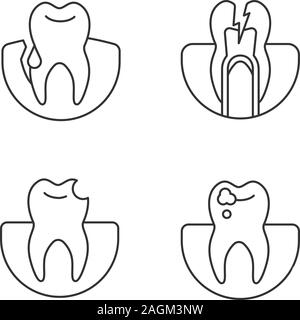 Dentistry linear icons set. Stomatology. Gum bleeding, toothache, broken tooth, caries. Thin line contour symbols. Isolated vector outline illustratio Stock Vector