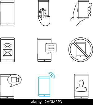 Phone communication linear icons set. Smartphone prohibition, touchscreen, hand with phone, sms, chat, video call, incoming call, user. Thin line cont Stock Vector