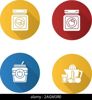 Homemade preserves flat design long shadow glyph icons set. Apple jam, ketchup, canned mushrooms, juice. Vector silhouette illustration Stock Vector