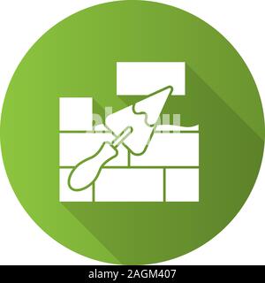 Brick wall with triangular shovel flat linear long shadow icon. Putty knife, spatula. Cement solution. Vector outline symbol Stock Vector