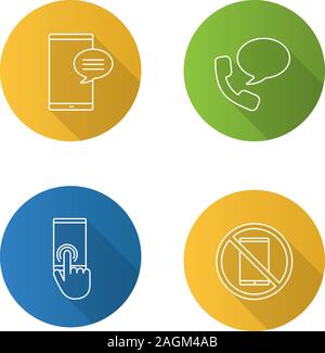 Phone communication flat linear long shadow icons set. Chatting, voice message, touchscreen, smartphone prohibition. Vector outline illustration Stock Vector
