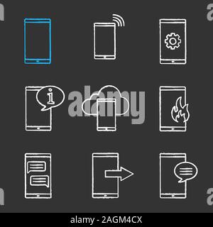 Phone communication chalk icons set. Smartphone, incoming call, settings, info chat, cloud storage, emergency, sms, data transfer, message. Isolated v Stock Vector