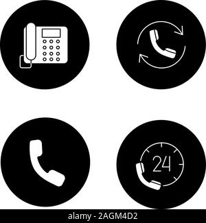 Phone communication glyph icons set. Landline telephone, hotline, handset, calling. Vector white silhouettes illustrations in black circles Stock Vector