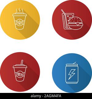 Drinks flat linear long shadow icons set. Takeaway coffee and tea, energy drink, soda with burger. Vector outline illustration Stock Vector